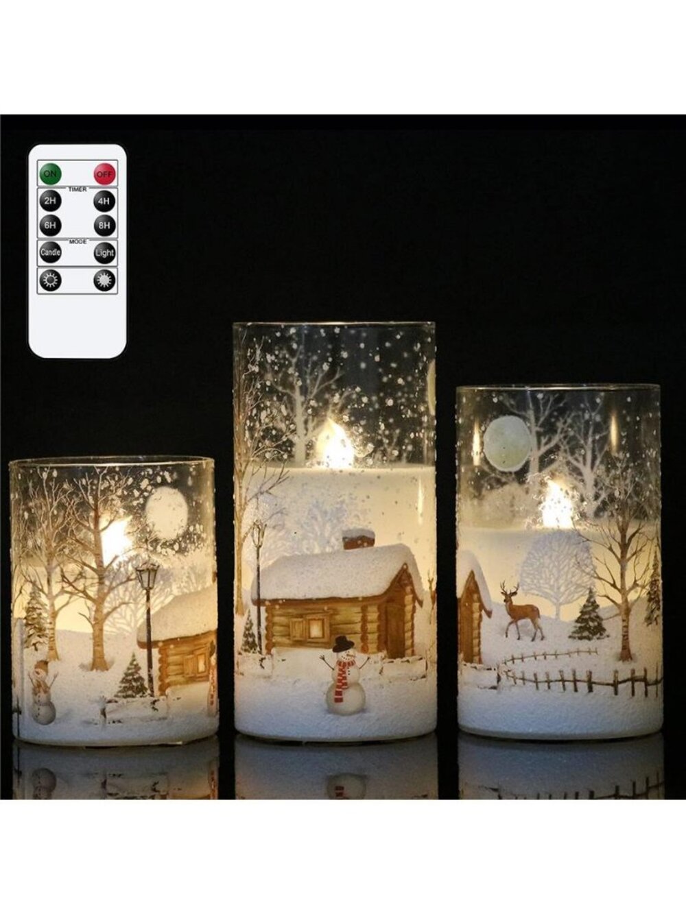 Snowman Glass Flameless Candles Battery Operated with Remote and Timer Real Wax